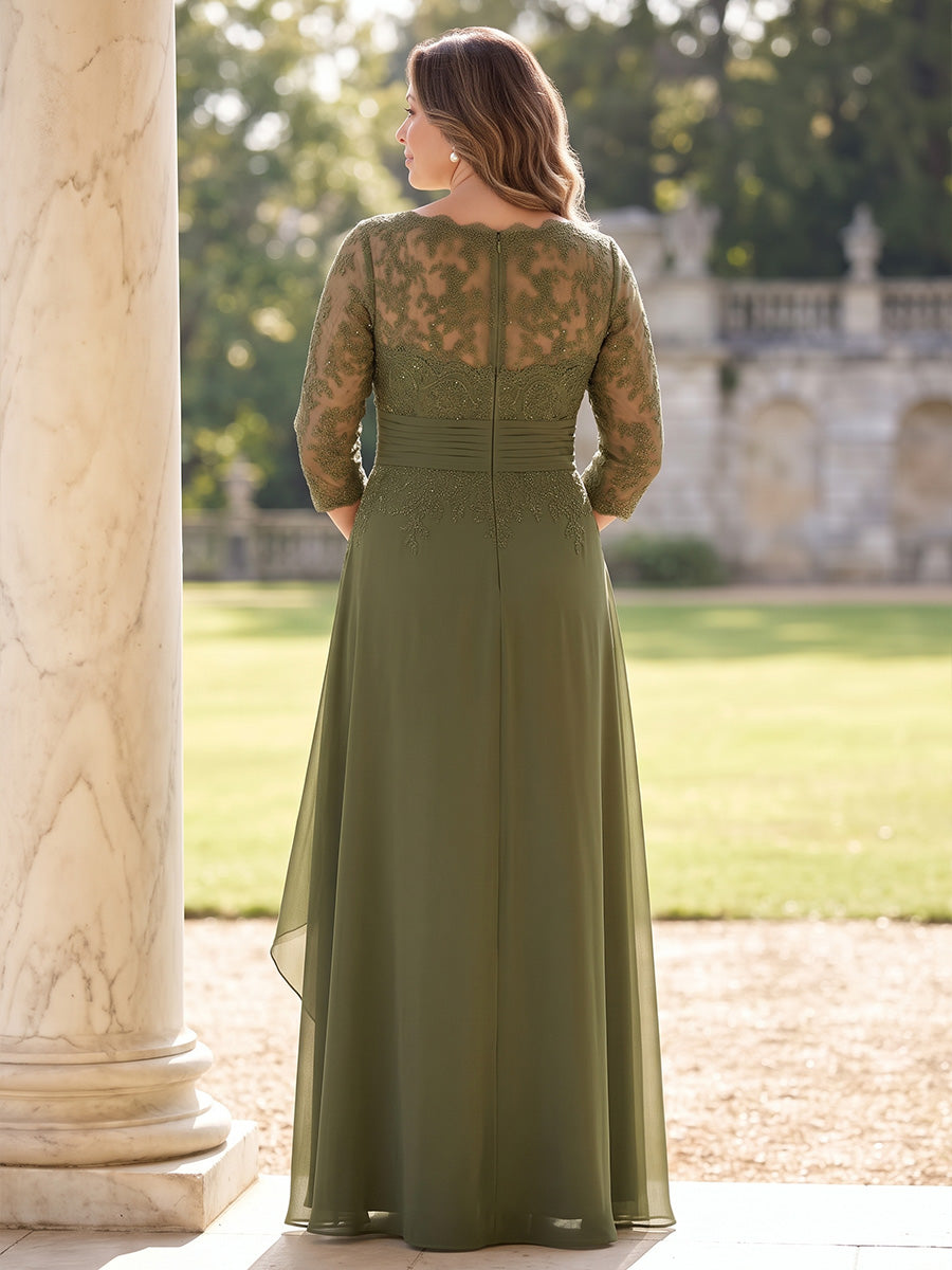 Lace Plus Size 3/4 Sleeves Mother of the Bride/Groom Dresses Round Neck A Line Floor Length