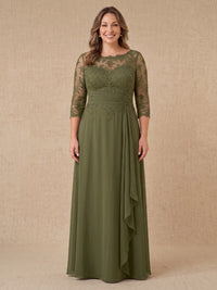 Lace Plus Size 3/4 Sleeves Mother of the Bride/Groom Dresses Round Neck A Line Floor Length