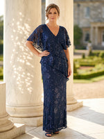Sequin Plus Size Short Sleeves Mother of the Bride/Groom Dresses V Neck Tiered Mermaid/Sheath Floor Length