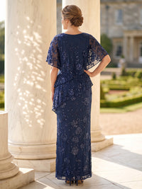 Sequin Plus Size Short Sleeves Mother of the Bride/Groom Dresses V Neck Tiered Mermaid/Sheath Floor Length