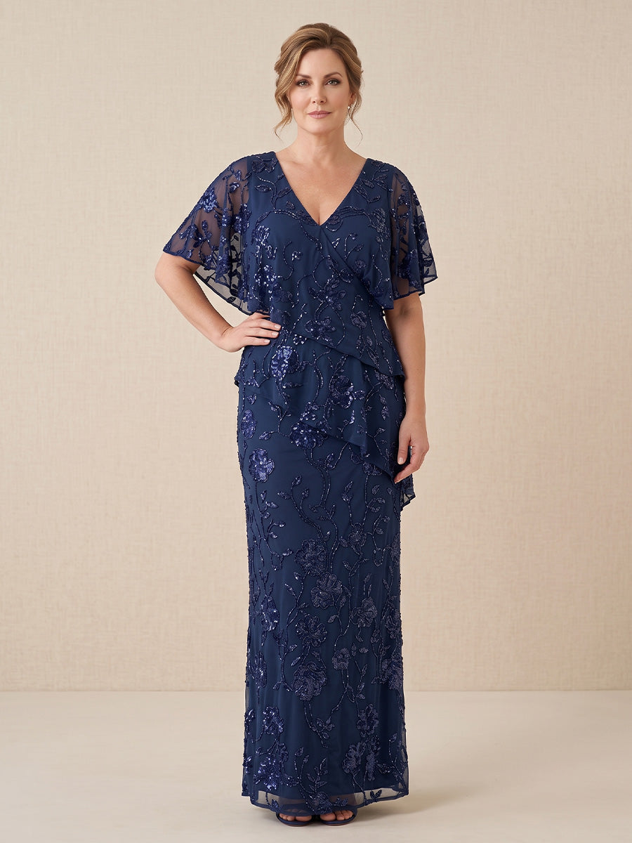 Sequin Plus Size Short Sleeves Mother of the Bride/Groom Dresses V Neck Tiered Mermaid/Sheath Floor Length