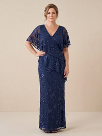 Sequin Plus Size Short Sleeves Mother of the Bride/Groom Dresses V Neck Tiered Mermaid/Sheath Floor Length