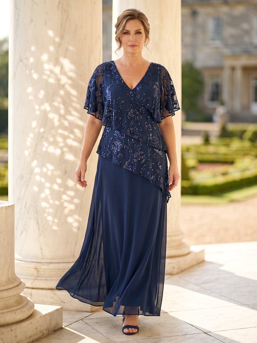 Sequin Plus Size Short Sleeves Mermaid/Sheath Mother of the Bride/Groom Dresses V Neck Tiered Floor Length