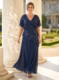 Sequin Plus Size Short Sleeves Mermaid/Sheath Mother of the Bride/Groom Dresses V Neck Tiered Floor Length