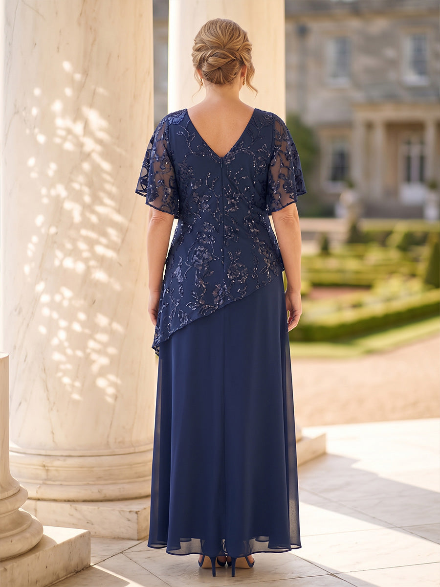 Sequin Plus Size Short Sleeves Mermaid/Sheath Mother of the Bride/Groom Dresses V Neck Tiered Floor Length