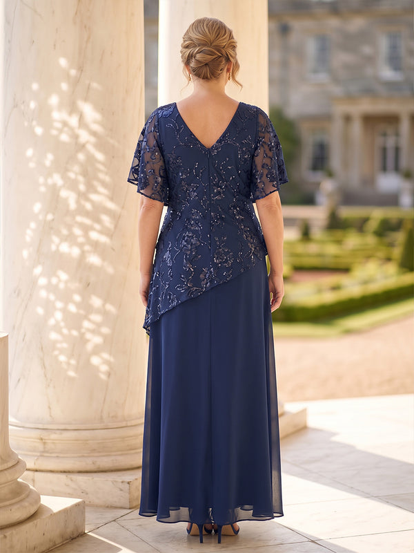 Sequin Plus Size Short Sleeves Mermaid/Sheath Mother of the Bride/Groom Dresses V Neck Tiered Floor Length