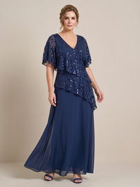 Sequin Plus Size Short Sleeves Mermaid/Sheath Mother of the Bride/Groom Dresses V Neck Tiered Floor Length