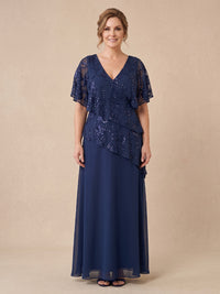 Sequin Plus Size Short Sleeves Mermaid/Sheath Mother of the Bride/Groom Dresses V Neck Tiered Floor Length