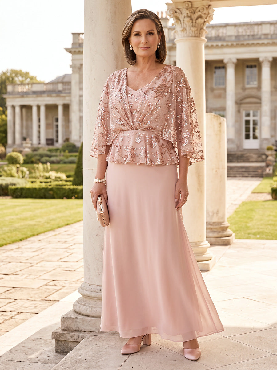 Sequin Plus Size Cape Sleeves Mermaid/Sheath Mother of the Bride/Groom Dresses V Neck Floor Length