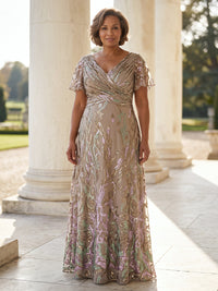 Sequin Plus Size A Line Mother of the Bride/Groom Dresses Short Sleeves V Neck Floor Length