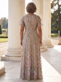 Sequin Plus Size A Line Mother of the Bride/Groom Dresses Short Sleeves V Neck Floor Length