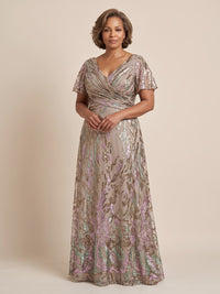 Sequin Plus Size A Line Mother of the Bride/Groom Dresses Short Sleeves V Neck Floor Length