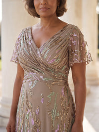 Sequin Plus Size A Line Mother of the Bride/Groom Dresses Short Sleeves V Neck Floor Length