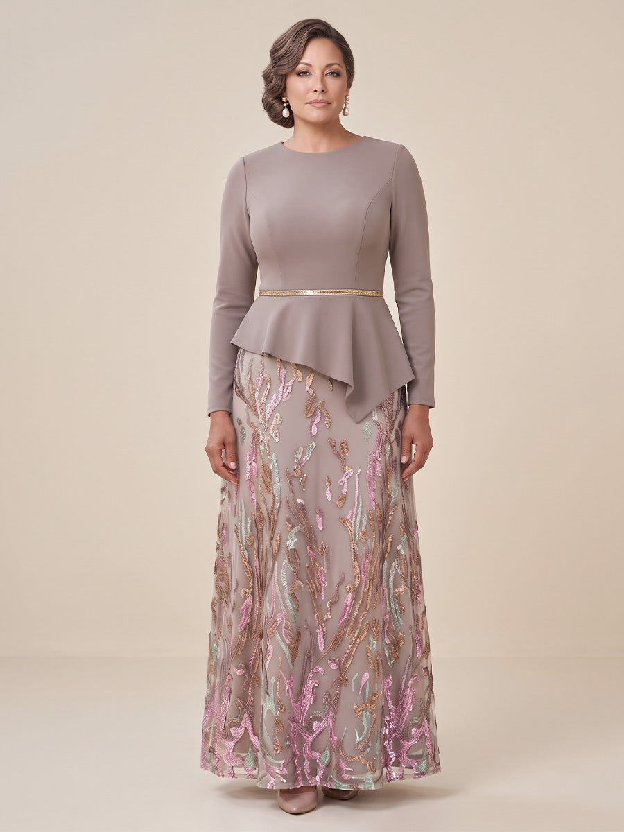 Sequin Plus Size A Line Mother of the Bride/Groom Dresses Long Sleeves Round Neck Floor Length