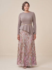 Sequin Plus Size A Line Mother of the Bride/Groom Dresses Long Sleeves Round Neck Floor Length