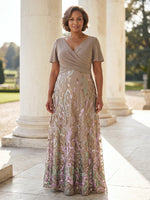 Sequin Plus Size Mother of the Bride/Groom Dresses Short Sleeves V Neck A Line Floor Length
