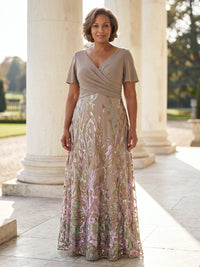 Sequin Plus Size Mother of the Bride/Groom Dresses Short Sleeves V Neck A Line Floor Length