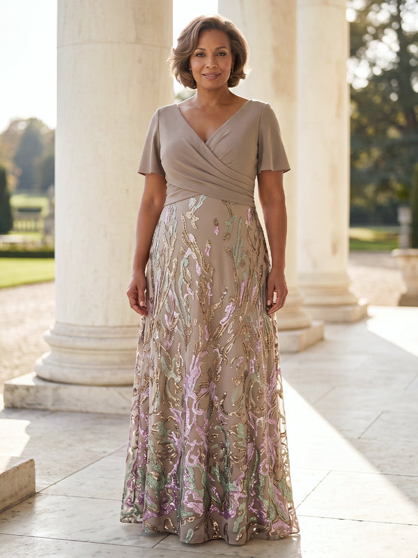 Sequin Plus Size Mother of the Bride/Groom Dresses Short Sleeves V Neck A Line Floor Length