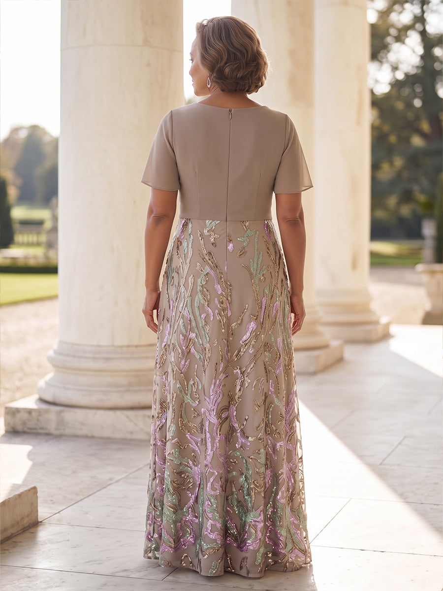 Sequin Plus Size Mother of the Bride/Groom Dresses Short Sleeves V Neck A Line Floor Length