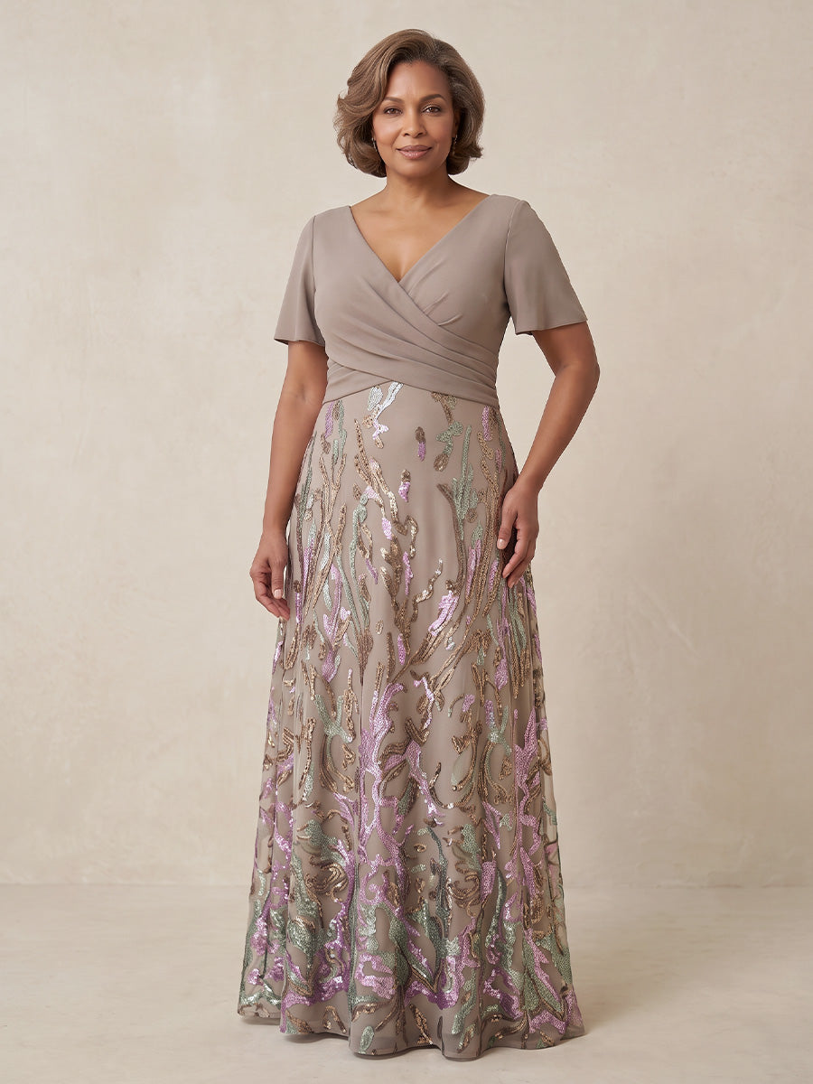 Sequin Plus Size Mother of the Bride/Groom Dresses Short Sleeves V Neck A Line Floor Length
