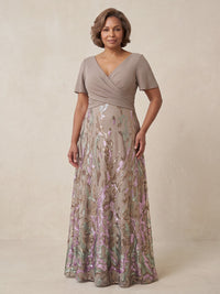 Sequin Plus Size Mother of the Bride/Groom Dresses Short Sleeves V Neck A Line Floor Length