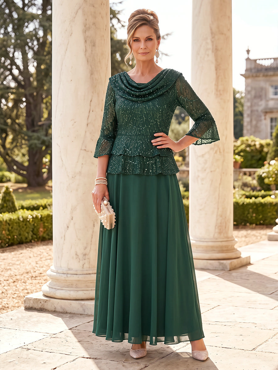 Long Sleeves Sequin Mother of the Bride/Groom Dresses Cowl Neck A Line Floor Length Formal Gown