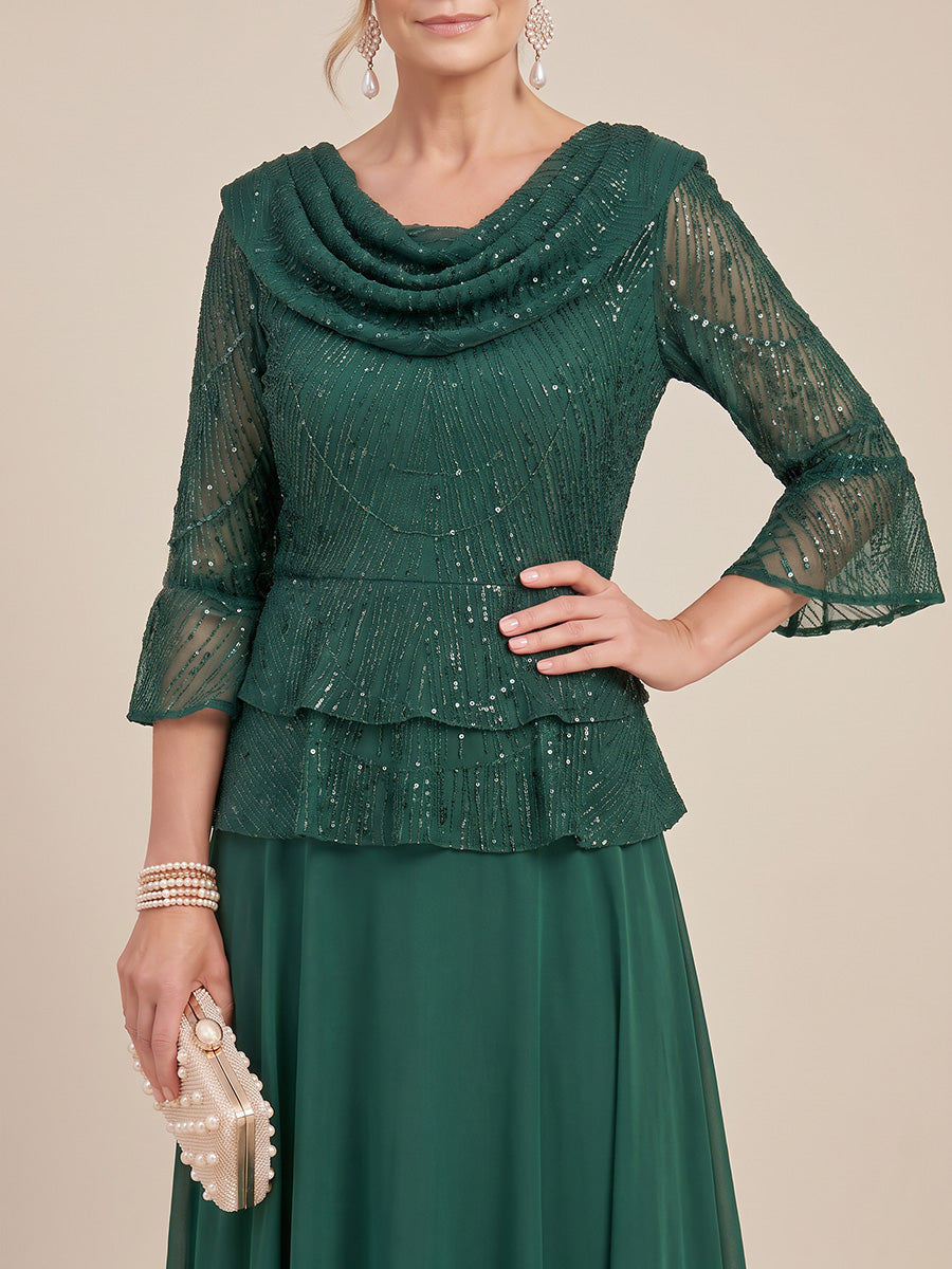 Long Sleeves Sequin Mother of the Bride/Groom Dresses Cowl Neck A Line Floor Length Formal Gown