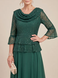 Long Sleeves Sequin Mother of the Bride/Groom Dresses Cowl Neck A Line Floor Length Formal Gown