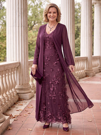 2 Pieces Plus Size V Neck Long Sleeves A Line Mother of the Bride/Groom Dresses with Jacket