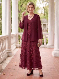 2 Pieces Plus Size V Neck Long Sleeves A Line Mother of the Bride/Groom Dresses with Jacket Ankle Length