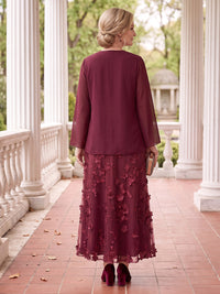 2 Pieces Plus Size V Neck Long Sleeves A Line Mother of the Bride/Groom Dresses with Jacket Ankle Length