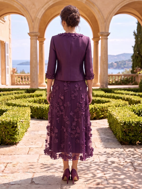 2 Pieces V Neck 3/4 Sleeves A Line Mother of the Bride/Groom Dresses with Jacket Tea Length