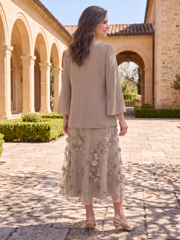 2 Pieces V Neck Long Sleeves Mother of the Bride/Groom Dresses with Jacket Tea Length A Line