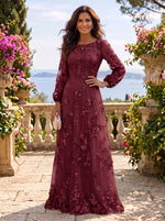3D Flower Round Neck Long Sleeves A Line  Floor Length Mother of the Bride/Groom Dresses