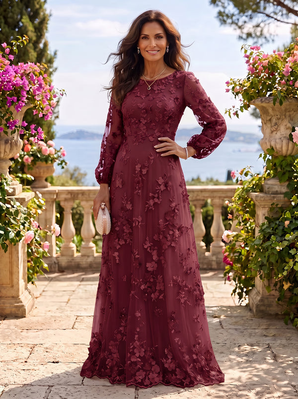 3D Flower Round Neck Long Sleeves A Line  Floor Length Mother of the Bride/Groom Dresses