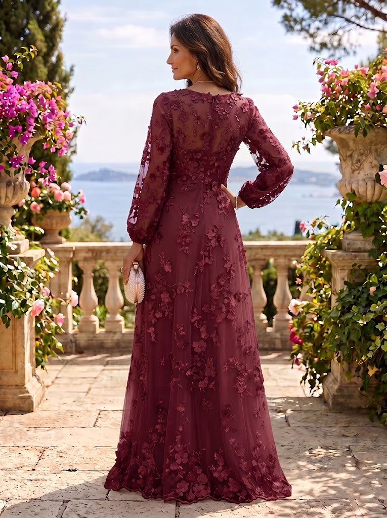3D Flower Round Neck Long Sleeves A Line  Floor Length Mother of the Bride/Groom Dresses