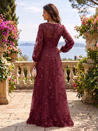3D Flower Round Neck Long Sleeves A Line  Floor Length Mother of the Bride/Groom Dresses