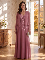 3D Flower V Neck Long Sleeves 2 Pieces Mother of the Bride/Groom Dresses with Jacket A Line  Floor Length