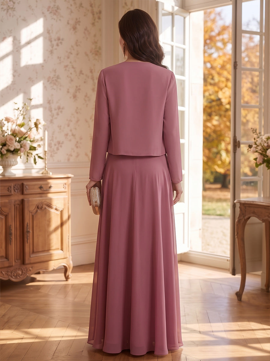 3D Flower V Neck Long Sleeves 2 Pieces Mother of the Bride/Groom Dresses with Jacket A Line  Floor Length