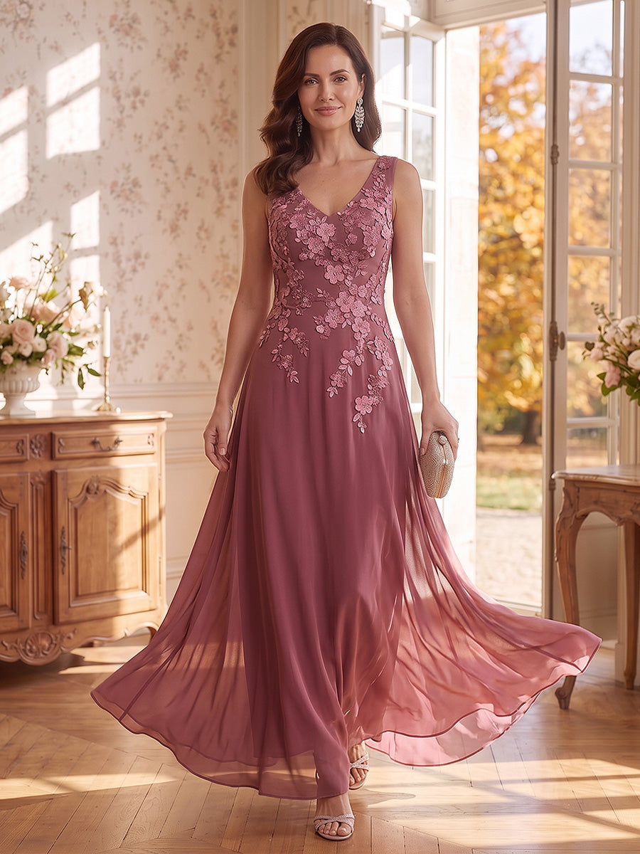 3D Flower V Neck Long Sleeves 2 Pieces Mother of the Bride/Groom Dresses with Jacket A Line  Floor Length