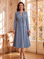 3D Flower V Neck Long Sleeves 2 Pieces Mother of the Bride/Groom Dresses with Jacket A Line Tea Length