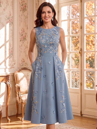 3D Flower V Neck Long Sleeves 2 Pieces Mother of the Bride/Groom Dresses with Jacket A Line Tea Length