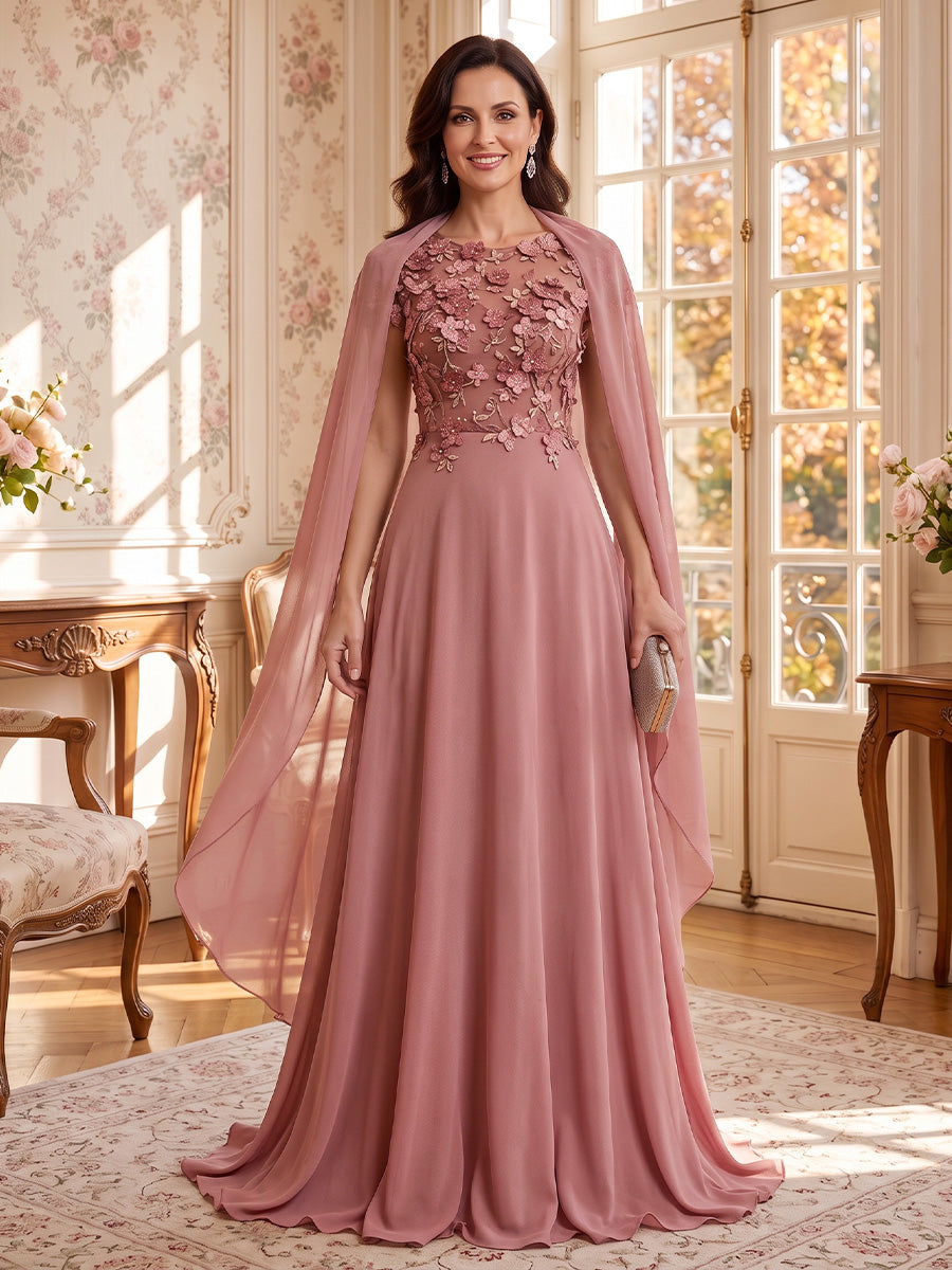 3D Flower Round Neck Long Sleeves 2 Pieces Mother of the Bride/Groom Dresses with Cape A Line  Floor Length