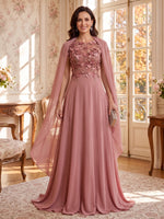 3D Flower Round Neck Long Sleeves 2 Pieces Mother of the Bride/Groom Dresses with Cape A Line  Floor Length
