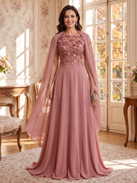 3D Flower Round Neck Long Sleeves 2 Pieces Mother of the Bride/Groom Dresses with Cape A Line  Floor Length