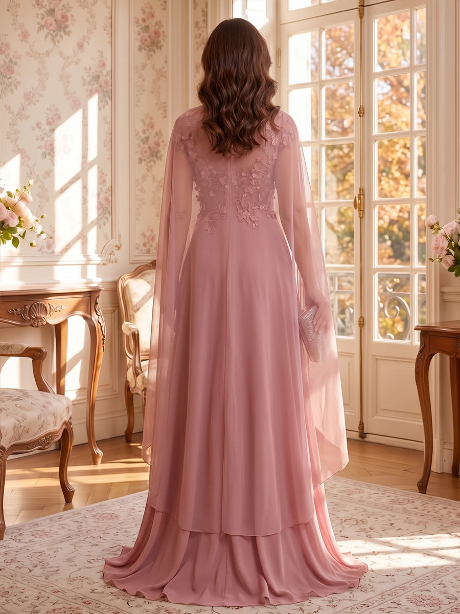 3D Flower Round Neck Long Sleeves 2 Pieces Mother of the Bride/Groom Dresses with Cape A Line  Floor Length