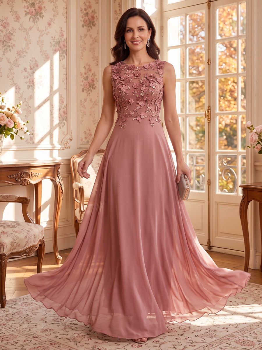 3D Flower Round Neck Long Sleeves 2 Pieces Mother of the Bride/Groom Dresses with Cape A Line  Floor Length