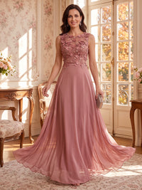 3D Flower Round Neck Long Sleeves 2 Pieces Mother of the Bride/Groom Dresses with Cape A Line  Floor Length