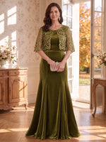Round Neck Short Sleeves 2 Pieces Velvet Mother of the Bride/Groom Dresses with Jacket Mermaid/Sheath Floor Length