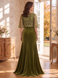 Round Neck Short Sleeves 2 Pieces Velvet Mother of the Bride/Groom Dresses with Jacket Mermaid/Sheath Floor Length